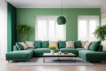 modern living room interior blurry, with sofas neatly lined up with a green theme, there are flower pots behind the sofa, near the window, bright lighting, blur wallpaper, 8k photo quality
