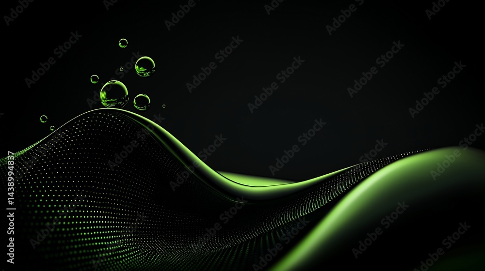 Poster abstract dynamic wave design with shimmering green bubbles on a dark background