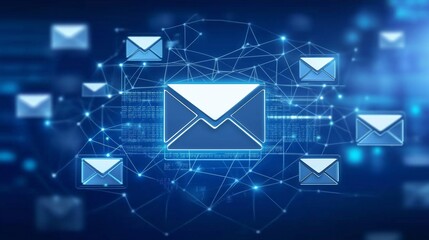 A high-tech marketing dashboard showcasing a 3D email icon surrounded by networked user symbols, visualizing targeted email campaigns and direct client outreach. 