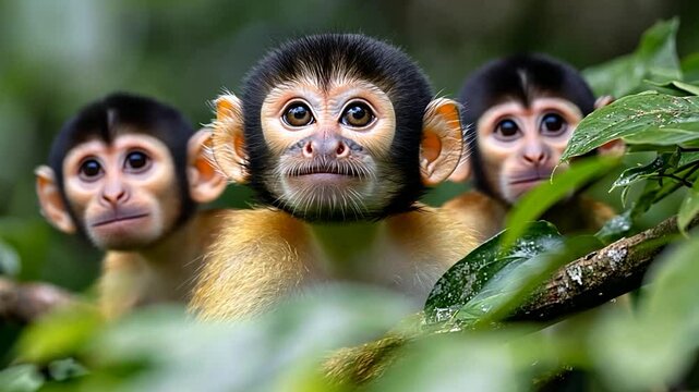 Close up of three squirrel monkeys peeking through lush green foliage in their natural habitat