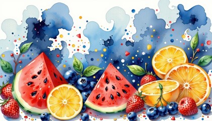 fresh fruit watercolor composition juicy watermelon slices bright citrus and berries watercolor style vibrant cheerful vibe perfect for summer food promotions