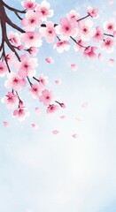 Fototapeta premium Light pastel cherry blossom branches with petals gently falling under a bright dreamy blue spring sky