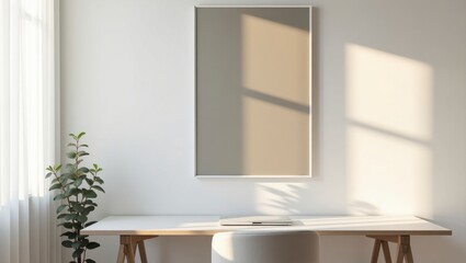 A minimalist scandinavian-inspired desk with a green plant in front of it, featuring pure white surfaces and thoughtful design