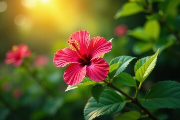 Vibrant hibiscus blooms on lush green foliage, bathed in sunlight , beautiful, blossom