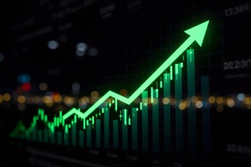 Digital stock market data visualization for investment analysis. upward trend, stock market chart, Financial growth, Green arrow pointing upward on financial graph, neon, Business growth chart