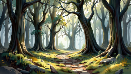enchanted forest path watercolor magical woodland scene with ancient trees mossy ground and soft ethereal light peaceful dreamlike mood ideal for fantasy or wellness branding