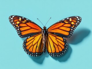 Obraz premium macro photo of a monarch butterfly with wings spread, isolated on light blue background, vibrant colors, clean studio lighting, sharp focus