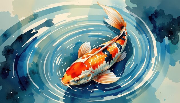 watercolor koi fish illustration swimming gracefully in clear blue water with soft ripples elegant hand painted style perfect for spa wellness branding and Asian inspired designs