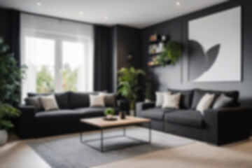Fototapeta premium modern living room interior blurry, with sofas neatly lined up with a black theme, there are flower pots behind the sofa, near the window, bright lighting, blur wallpaper, 8k photo quality