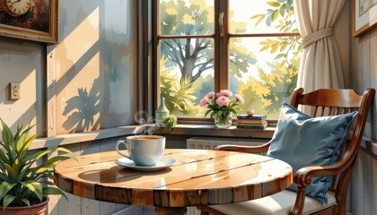 coffee corner watercolor illustration featuring a steaming cup of coffee rustic wood table and cozy armchair bathed in soft morning light ideal for cafe branding and cozy living editorials