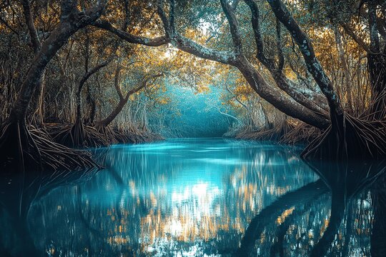Serene, mystical waterway through a vibrant forest.  Tranquil, tranquil scene.  Reflections on the water, deep emerald tones, ancient trees.  Sunlight filters through canopy