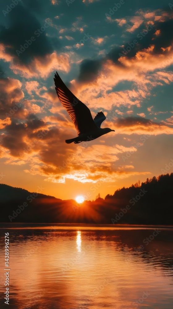 Aufkleber 夕焼け時の湖の上を飛ぶ鳥のシルエット オレンジ色の空と太陽の光が水面に反射する風景