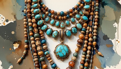 artistic boho jewelry watercolor featuring turquoise rings layered necklaces and intricate beadwork in earthy tones ideal for artisan fashion branding and bohemian lifestyle visuals