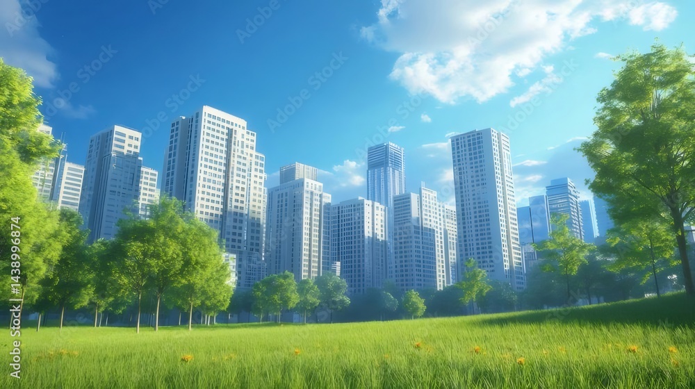 Poster 青い空と緑豊かな公園の木々と草地を背景にしたモダンな都市景観の風景