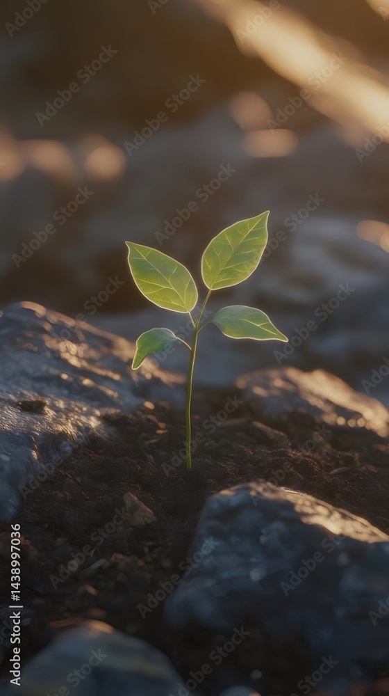 Poster 太陽光の中で育つ新芽のクローズアップ 荒い岩と土の背景に緑の葉を持つ植物