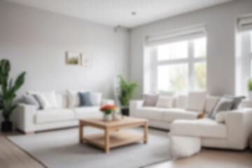 modern living room interior blur, with sofas neatly lined up with a white theme, there are flower pots behind the sofa, near the window, bright lighting, blur wallpaper, 8k photo quality