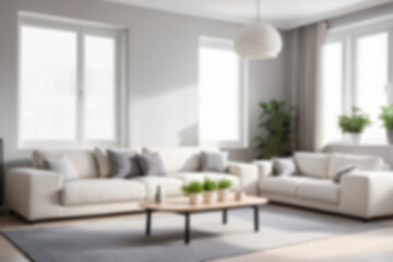 Fototapeta premium modern living room interior blur, with sofas neatly lined up with a white theme, there are flower pots behind the sofa, near the window, bright lighting, blur wallpaper, 8k photo quality