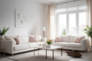 modern living room interior blur, with sofas neatly lined up with a white theme, there are flower pots behind the sofa, near the window, bright lighting, blur wallpaper, 8k photo quality