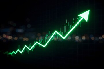 Naklejka premium Business growth chart with rising trend line. Digital stock market data visualization for investment analysis. upward trend, stock market chart, Financial growth, Green arrow pointing upward on financ