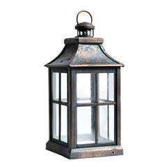 Rustic garden lantern with a vintage metal frame isolated on transparent background