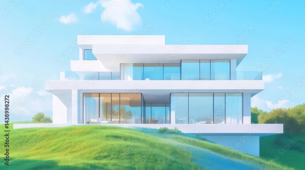 Poster 白いモダンな住宅の正面外観 青い空と緑の丘の風景を背景に 広々とした現代的なデザイン