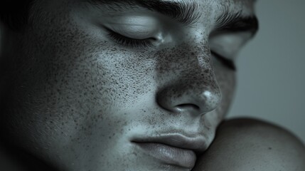 Close-up of freckled man sleeping in soft light