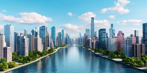 Obraz premium Stunning Aerial View of Modern City Skyline with River Waterfront Park
