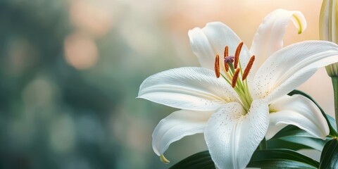 Fototapeta premium Beautiful White Lily Flower Blooming in Soft Light Nature