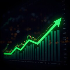 Digital stock market data visualization for investment analysis. upward trend, stock market chart, Green arrow pointing upward on financial graph, neon, Business growth chart with rising trend line