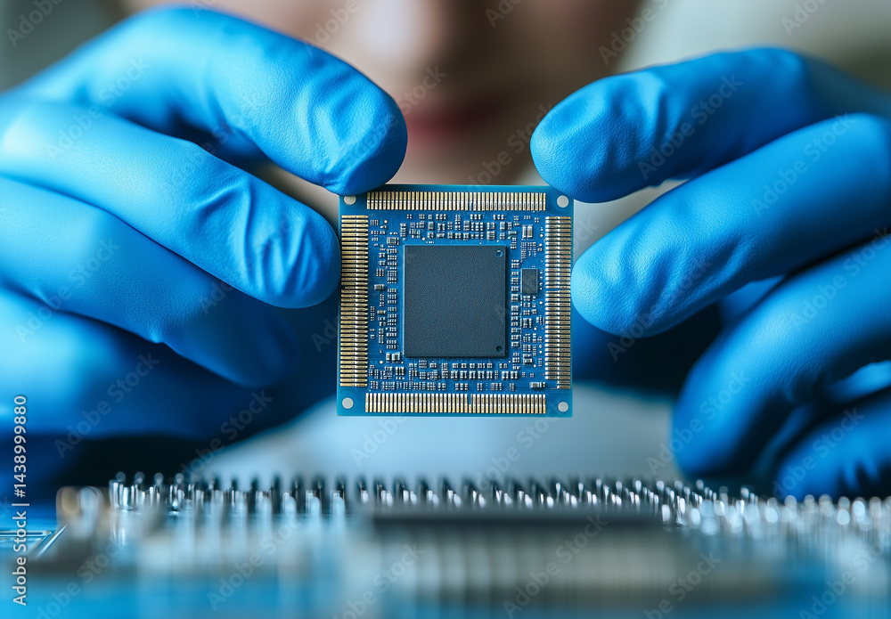 Poster close-up of hands in blue gloves holding and examining a computer microchip