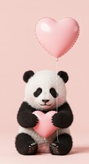 Sweet panda cub holding a pink heart-shaped balloon on a pastel pink background, symbolizing affection and cuteness