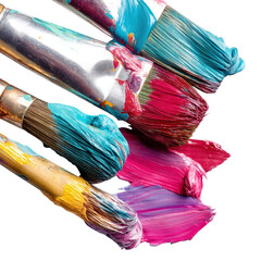 Fototapeta premium Paintbrushes with colorful strokes of wet paint, art tools in action, clear background --v 7.0