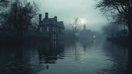 Foggy, flooded village at night