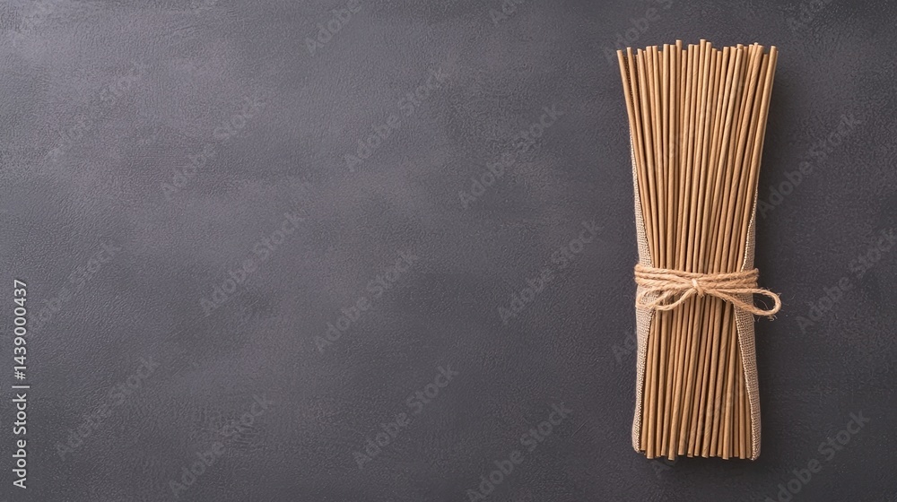 Poster bundle of thin, natural sticks tied with twine, resting on a dark textured surface, creating a minim