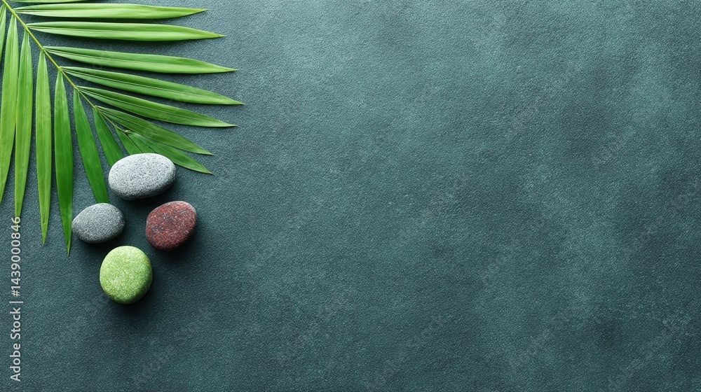 Poster a serene arrangement of smooth stones and a green palm leaf on a textured surface, creating a calmin