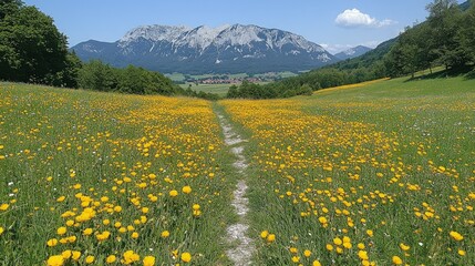 Sunny meadow path to snowcapped mountains