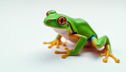 Fototapeta premium Green tree frog perched on white, vibrant skin, vibrant, texture, eyes