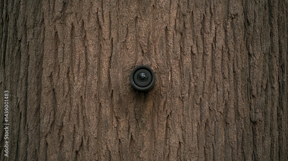 Poster a close-up of a tree trunk featuring a small black object, resembling a camera lens, embedded in its