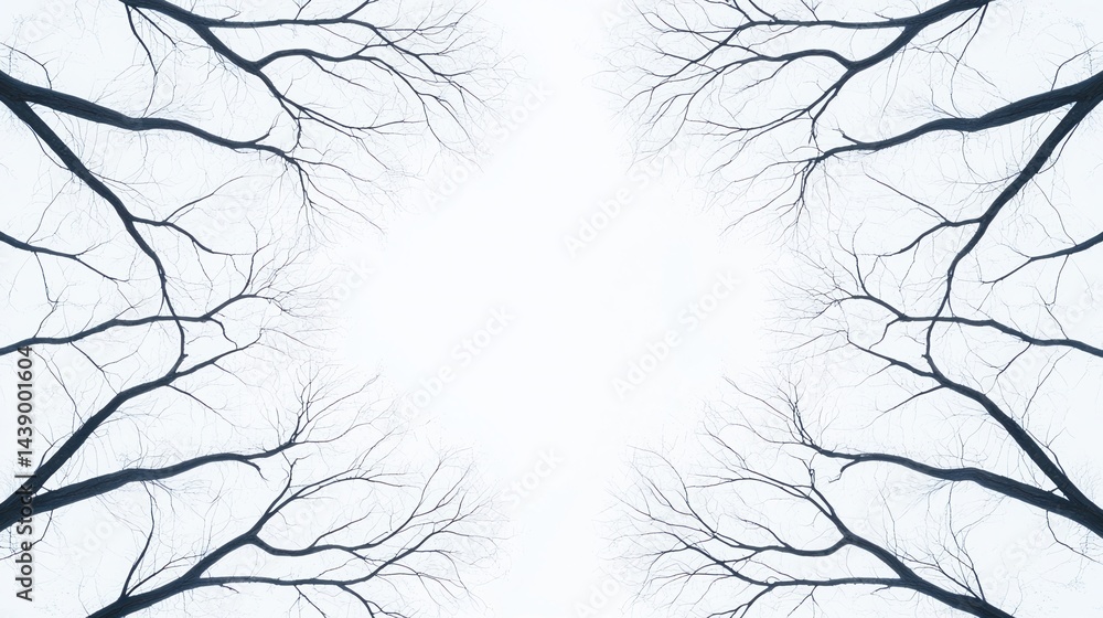 Poster a symmetrical arrangement of bare tree branches against a pale background, creating an abstract, cal