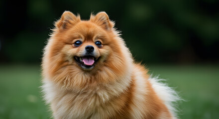 Happy Pomeranian Dog Portrait on Green Grass with Natural Lighting