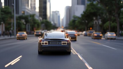 Fototapeta premium Autonomous Car Driving on City Street with Other Vehicles in Motion