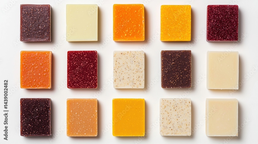 Poster a vibrant array of colorful, square soap bars arranged in a grid, showcasing various textures and sh