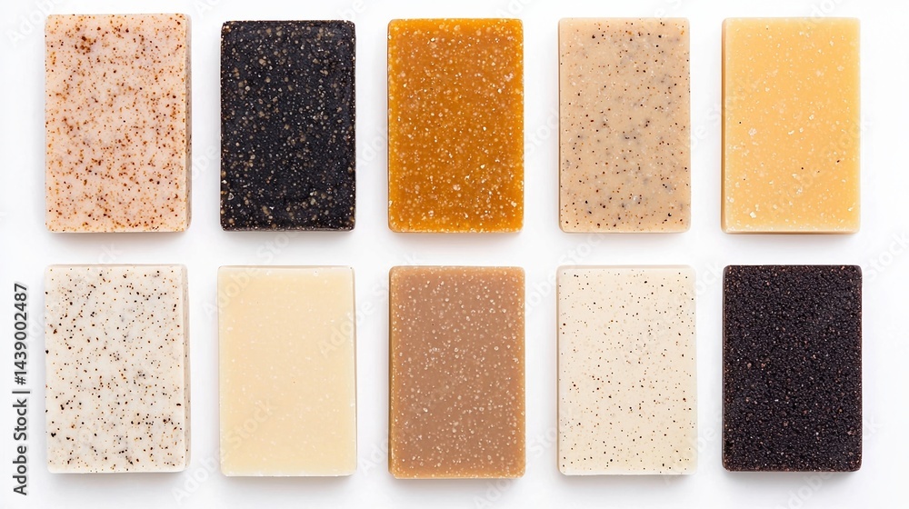 Poster a collection of colorful, speckled soap bars arranged in a grid pattern, showcasing various textures