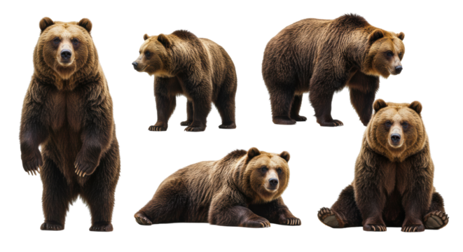 Grizzly Bears in Various Poses Isolated on White for Conservation Projects