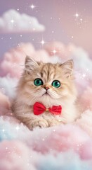 Cute fluffy kitten with a red bow tie sitting on dreamy pink clouds under a pastel sky, symbolizing joy, cuteness, and fantasy