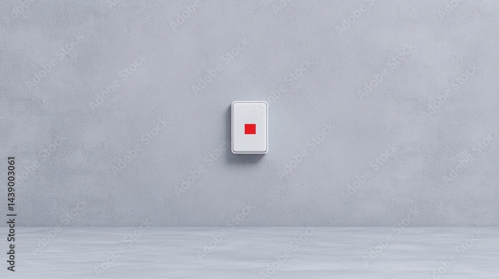 Poster a minimalist wall with a single red button switch against a textured gray background.