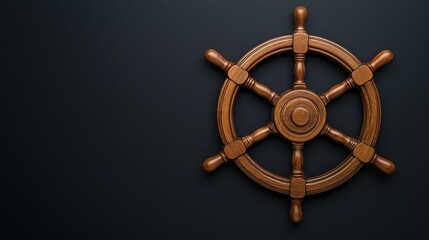Obraz premium A detailed wooden ship's wheel against a dark background, symbolizing navigation and maritime adventure.