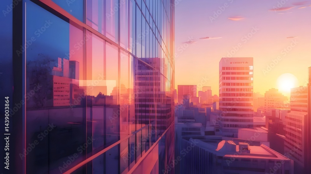 Poster 夕焼け時の高層ビルの窓から見える都市景観 太陽光がオレンジ色に輝き 建物のシルエットが浮かび上がる都会的な風景