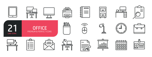 Set of line icons related to workplace, lamp, id card, note, cabinet. Outline icons collection. Editable stroke. Vector illustration.