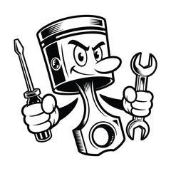 Cartoon Piston Character Holding Tools Vector